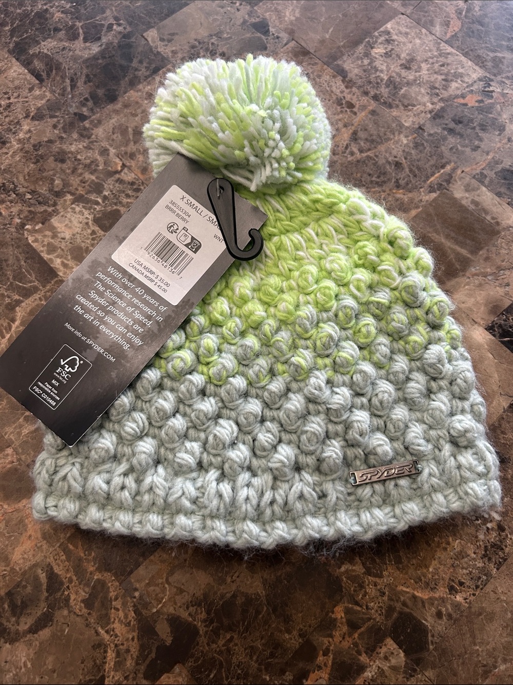 NWT 🆕 Spyder Kids Light Green Pom Lined Beanie Winter Hat size XS/S